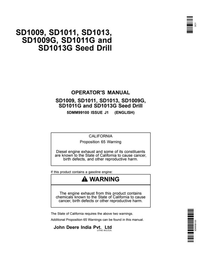 John Deere SD1009, SD1011, SD1013, SD1009G, SD1011G, SD1013G Seed drill Operator Manual 5DMM99100 — actual manual cover