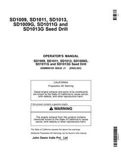John Deere SD1009, SD1011, SD1013, SD1009G, SD1011G, SD1013G Seed drill Operator Manual 5DMM99100 — actual manual cover