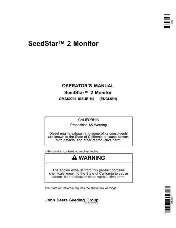 John Deere SeedStar 2 Monitor Operator's Manual OMA89001 — actual manual cover