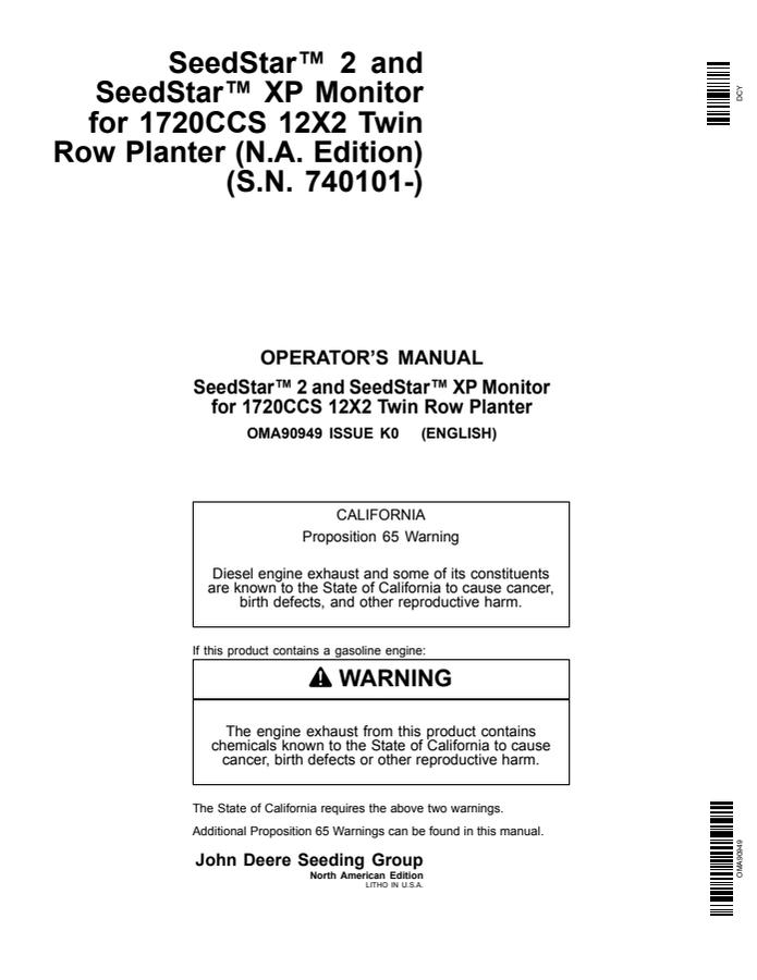 John Deere SeedStar 2, SeedStar XP; 1720CCS 12X2 Twin Row Planter Seeding monitor Operator Manual OMA90949 — actual manual cover