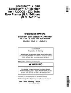 John Deere SeedStar 2, SeedStar XP; 1720CCS 12X2 Twin Row Planter Seeding monitor Operator Manual OMA90949 — actual manual cover