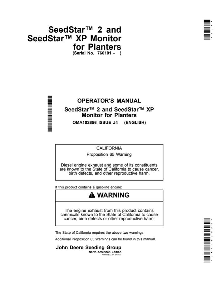 John Deere SeedStar 2, SeedStar XP Seeding monitor Operator Manual OMA102656 — actual manual cover