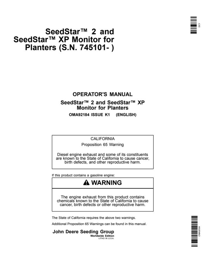 John Deere SeedStar 2, SeedStar XP Seeding monitor Operator Manual OMA92184 — actual manual cover
