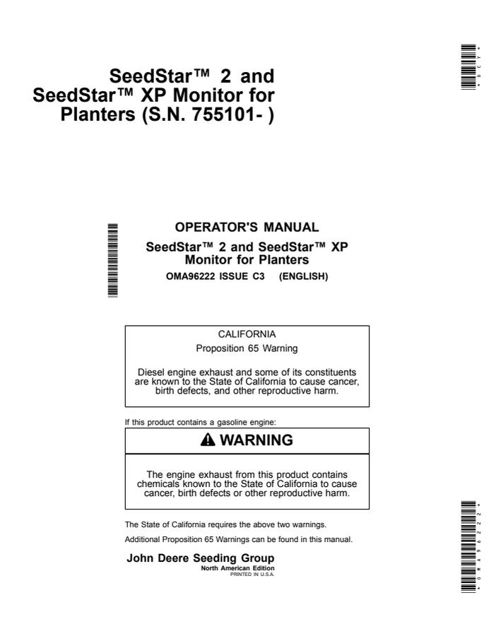 John Deere SeedStar 2, SeedStar XP Seeding monitor Operator Manual OMA96222 — actual manual cover