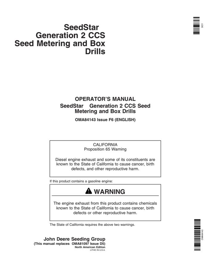 John Deere SeedStar Generation 2 CCS Seed metering system Operator Manual OMA84143 — actual manual cover