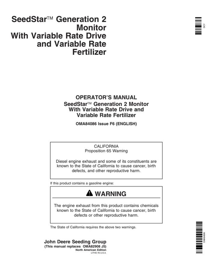 John Deere SeedStar Generation 2 Seeding monitor Operator Manual OMA84086 — actual manual cover