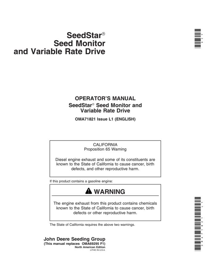 John Deere SeedStar Seed Monitor and Variable Rate Drive Operator's Manual OMA71821 — actual manual cover