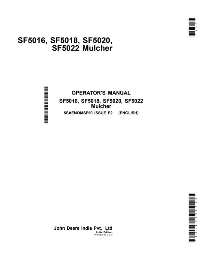 John Deere SF5016, SF5018, SF5020, SF5022 Mulcher Operator Manual 5SAENOMSF50 — actual manual cover