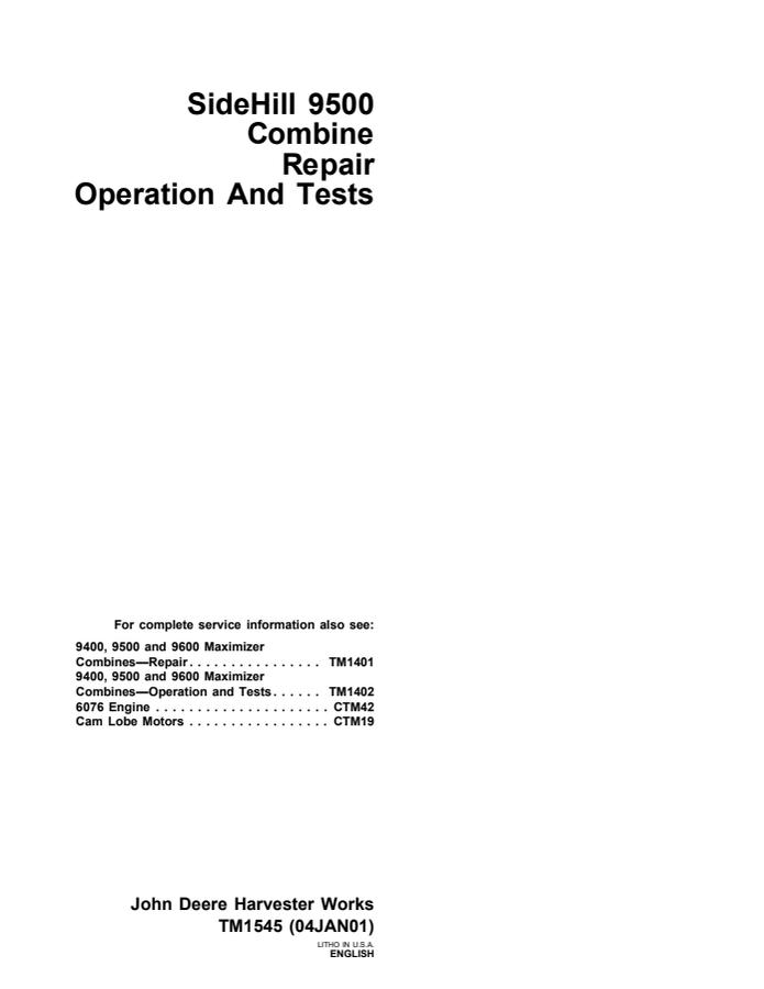 John Deere SideHill 9500 Combine Operation and Tests Manual TM1545 — actual manual cover