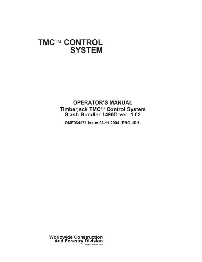 John Deere Slash Bundler 1490D Bundler control system Operator Manual OMF064071 — actual manual cover