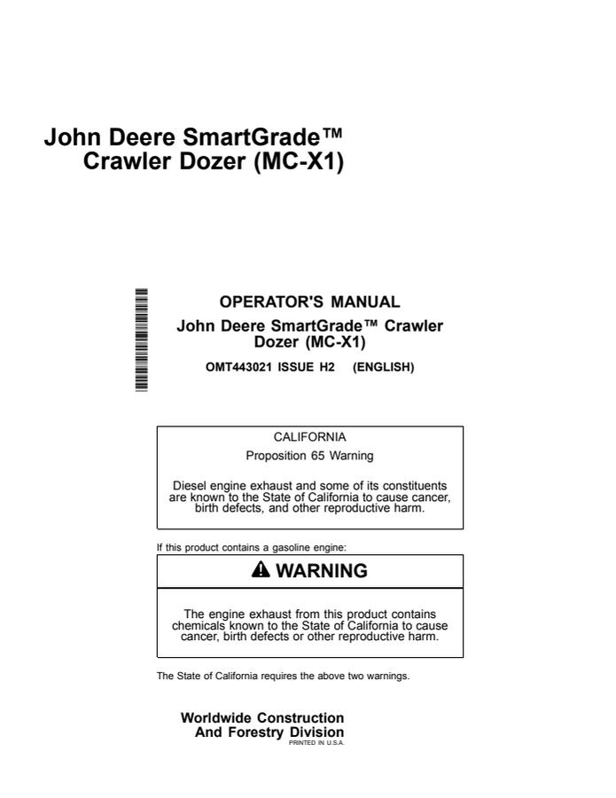 John Deere SmartGrade Crawler Dozer (MC-X1) Crawler dozer Operator Manual OMT443021 — actual manual cover