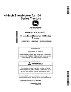 John Deere Snowblower Operator's Manual OMM177515 — actual manual cover