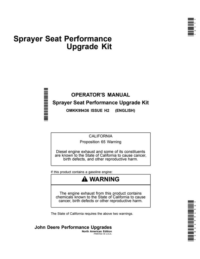 John Deere Sprayer Seat Performance Upgrade Kit OMKK99436 — actual manual cover