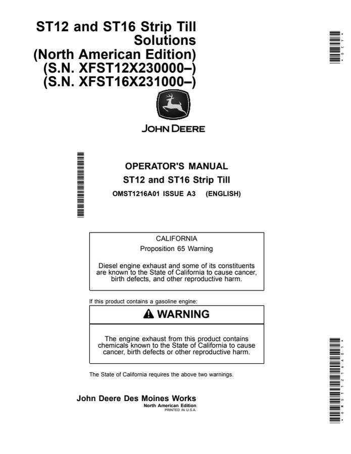 John Deere ST12, ST16 Strip till solution Operator's manual OMST1216A01 — actual manual cover