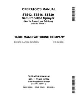 John Deere STS12, STS16, STS20 Self-Propelled Sprayer Operator Manual OMKK103854 — actual manual cover