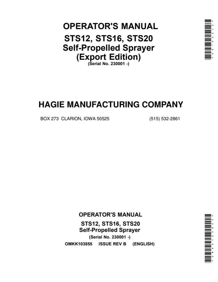 John Deere STS12, STS16, STS20 Self-propelled sprayer Operator Manual OMKK103855 — actual manual cover