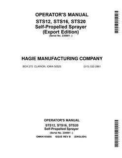 John Deere STS12, STS16, STS20 Self-propelled sprayer Operator Manual OMKK103855 — actual manual cover