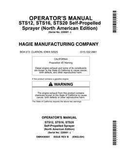 John Deere STS12, STS16, STS20 Self-propelled sprayer Operator Manual OMKK90551 — actual manual cover