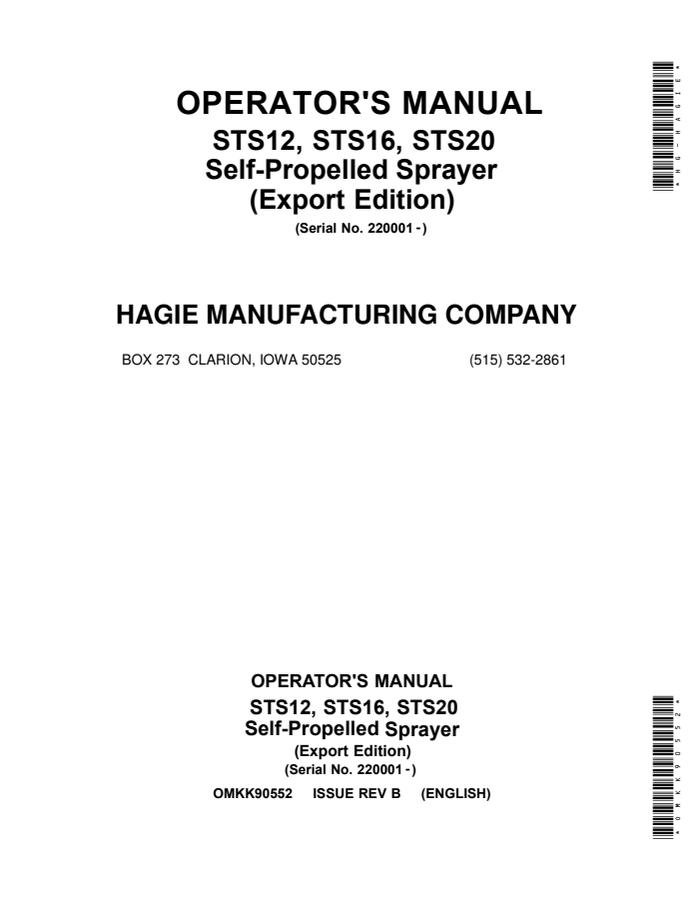 John Deere STS12, STS16, STS20 Self-propelled sprayer Operator Manual OMKK90552 — actual manual cover