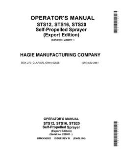 John Deere STS12, STS16, STS20 Self-propelled sprayer Operator Manual OMKK90552 — actual manual cover