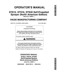 John Deere STS12, STS16, STS20 Self-propelled sprayer Operator Manual OMKK93836 — actual manual cover