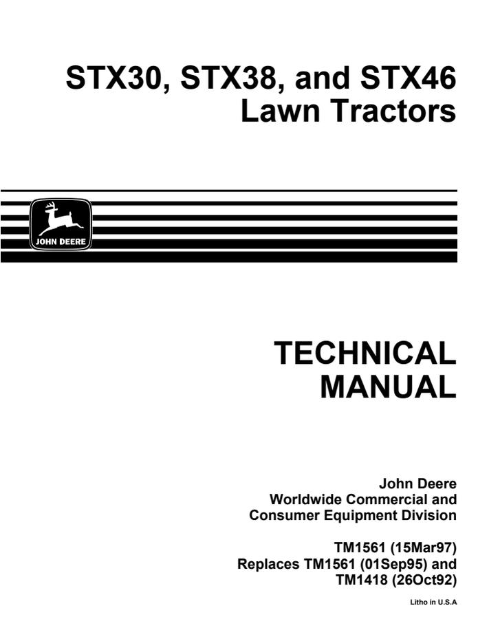 John Deere STX30, STX38, and STX46 Lawn Tractors Technical Manual TM1561 — actual manual cover