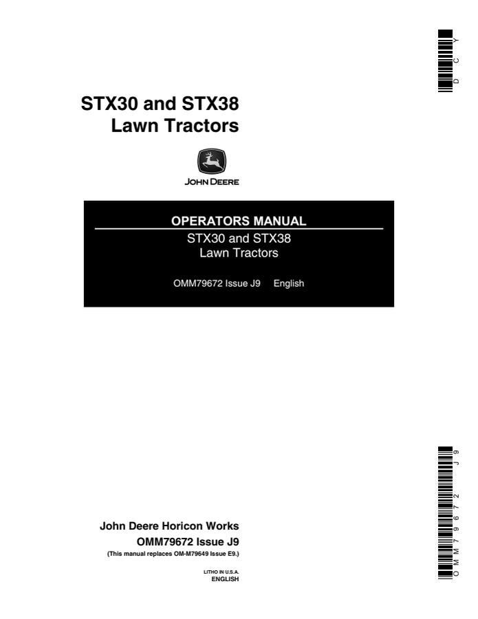 John Deere STX30, STX38 Lawn tractor Operator Manual OMM79672 — actual manual cover