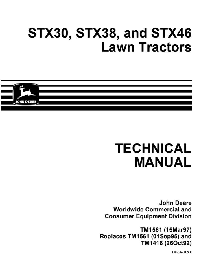 John Deere STX30, STX38, STX46 Lawn Tractor Technical Manual TM1561 1997-03-15 — actual manual cover