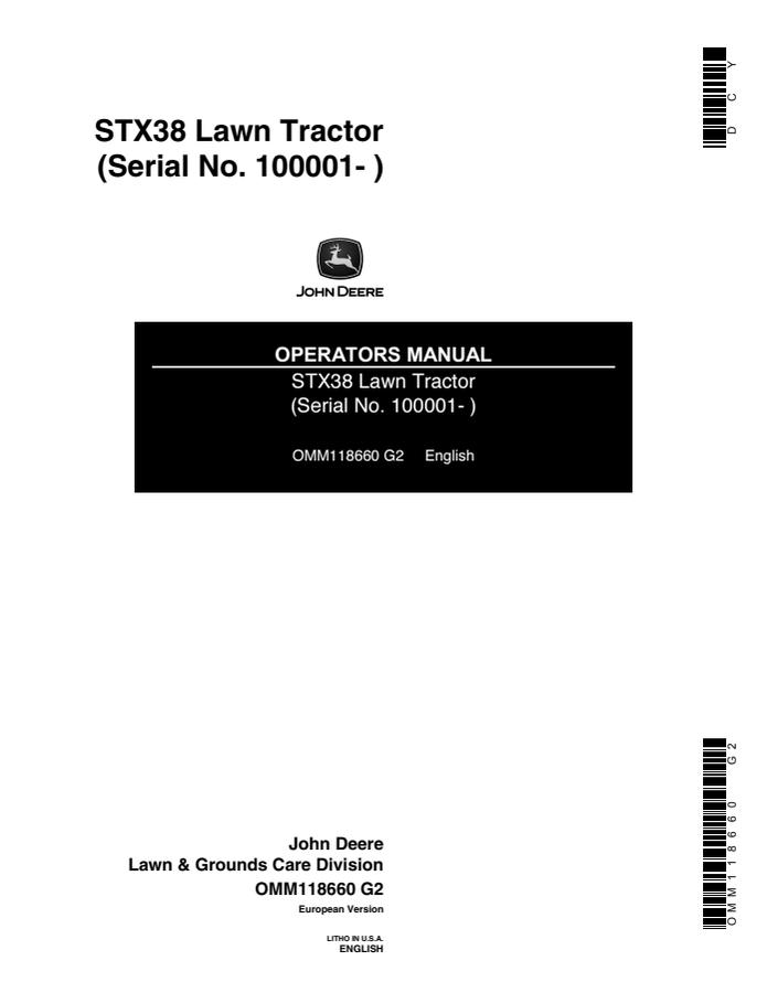 John Deere STX38 Lawn tractor Operator Manual OMM118660 — actual manual cover