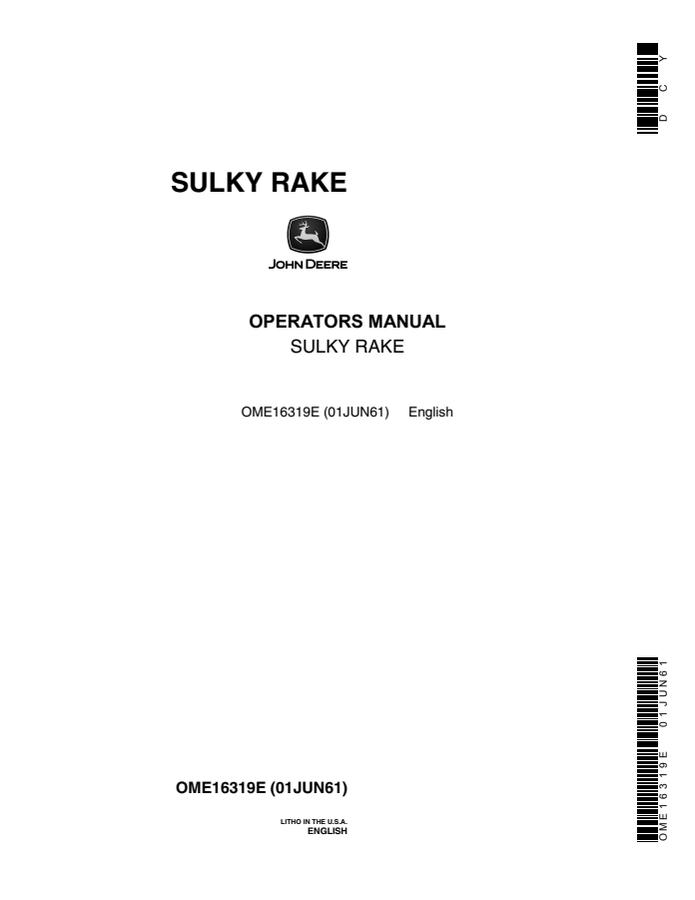 John Deere Sulky rake Rake Operator Manual OME16319E — actual manual cover