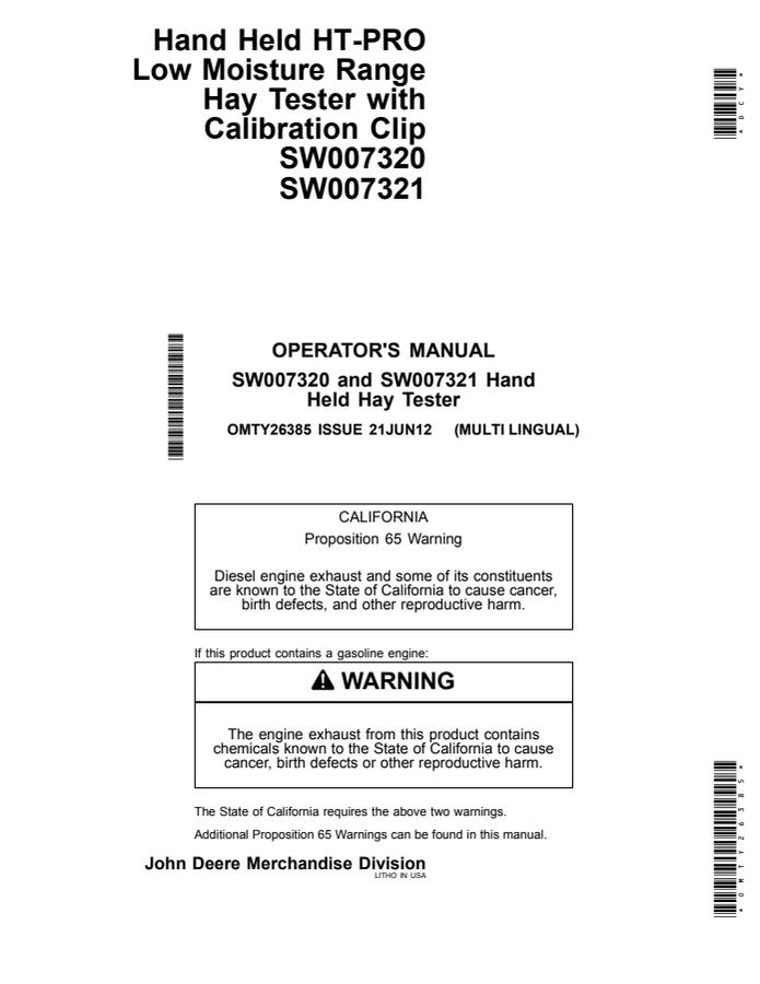 John Deere SW007320, SW007321 Hay moisture tester Operator's manual OMTY26385 — actual manual cover