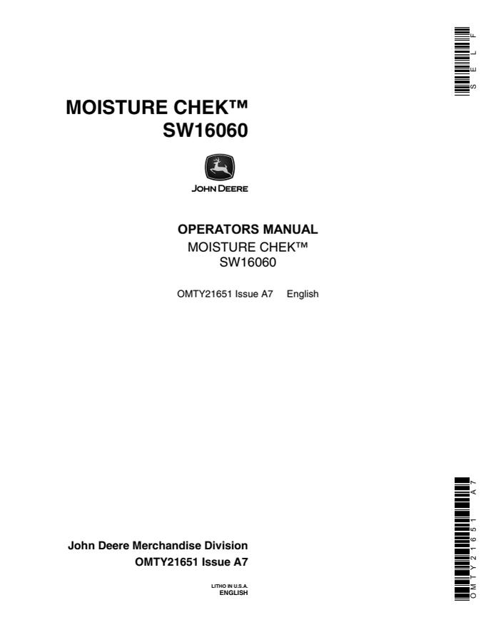John Deere SW16060 Moisture tester Operator Manual OMTY21651 — actual manual cover