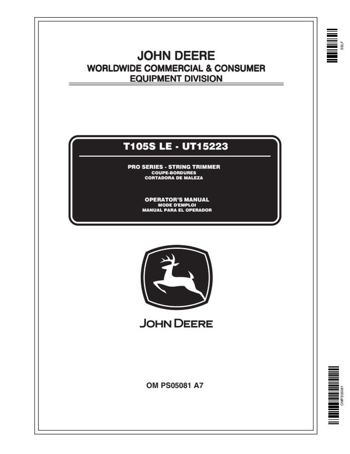 John Deere T105S LE, UT15223 String trimmer Operator manual OMPS05081 — actual manual cover
