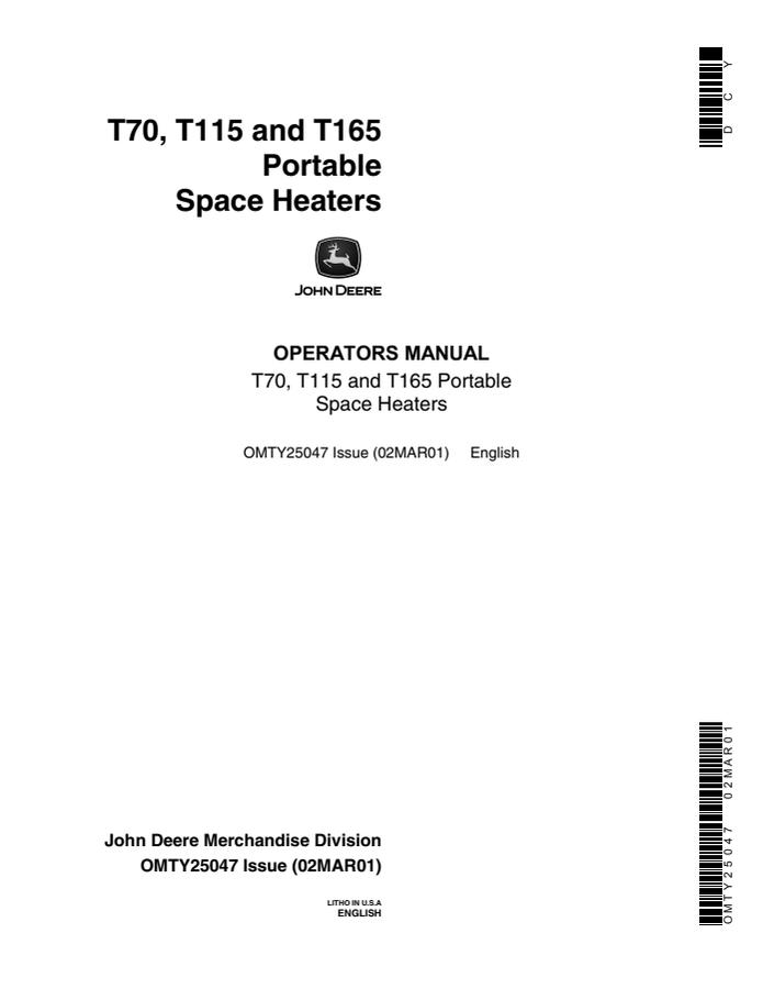 John Deere T70, T115, T165 Portable space heater Operator's manual OMTY25047 — actual manual cover