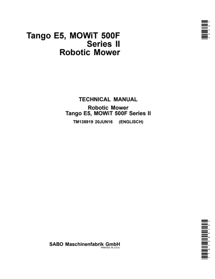 John Deere Tango E5, MOWiT 500F Series II Robotic Mower Technical Manual TM138919 — actual manual cover