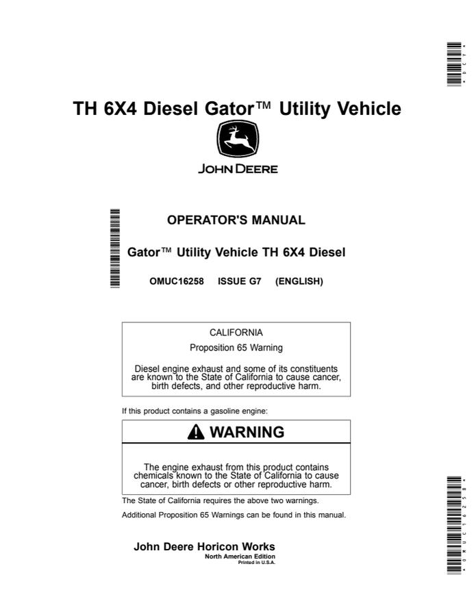 John Deere TH 6X4 Diesel Gator Utility Vehicle Operator's Manual OMUC16258 — actual manual cover