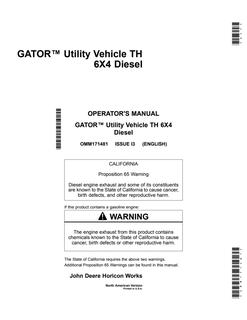 John Deere TH 6X4 Diesel Utility vehicle Operator Manual OMM171481 — actual manual cover