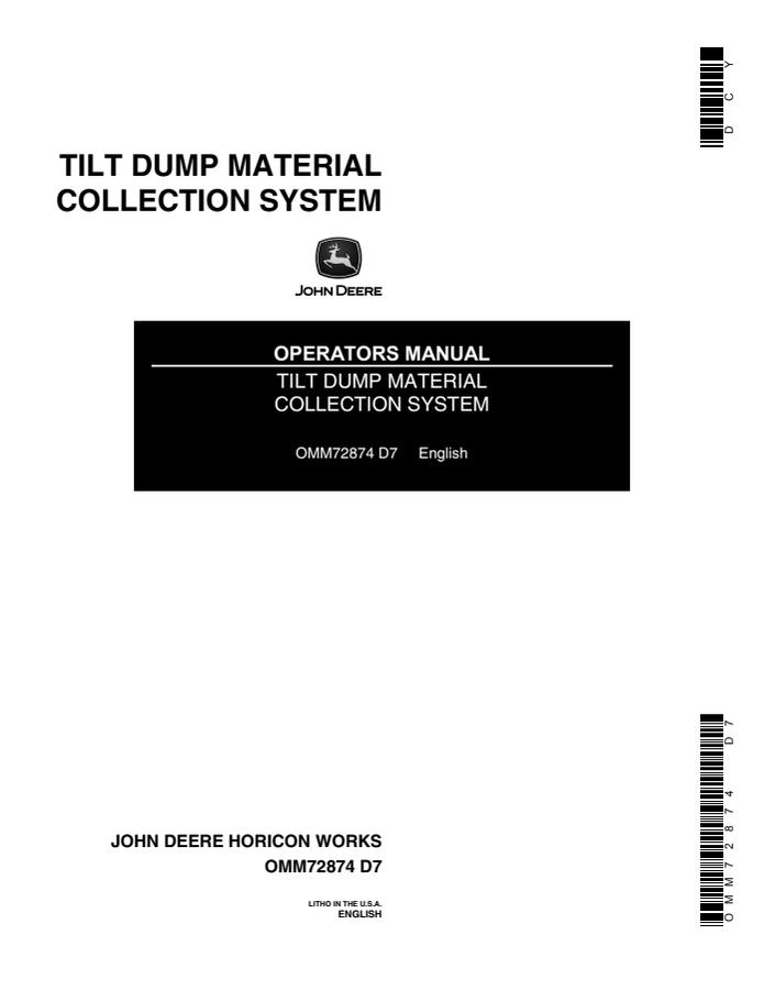 John Deere Tilt Dump Material Collection System OMM72874 — actual manual cover