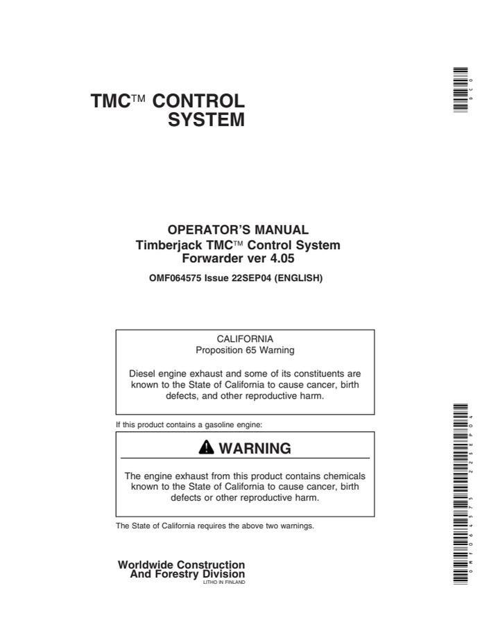 John Deere Timberjack TMC Forwarder Forwarder control system Operator Manual OMF064575 — actual manual cover