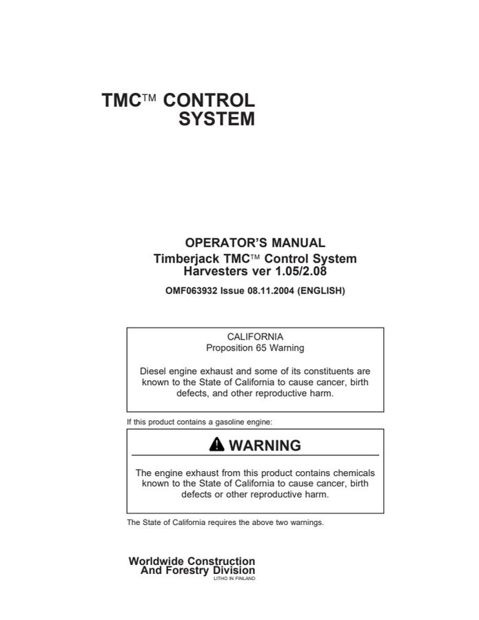 John Deere Timberjack TMC Harvesters Harvester control system Operator Manual OMF063932 — actual manual cover