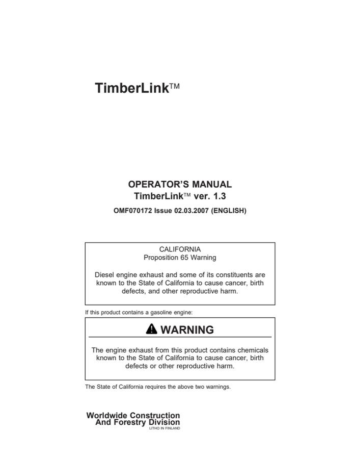 John Deere TimberLink Forestry machine data link system Operator Manual OMF070172 — actual manual cover