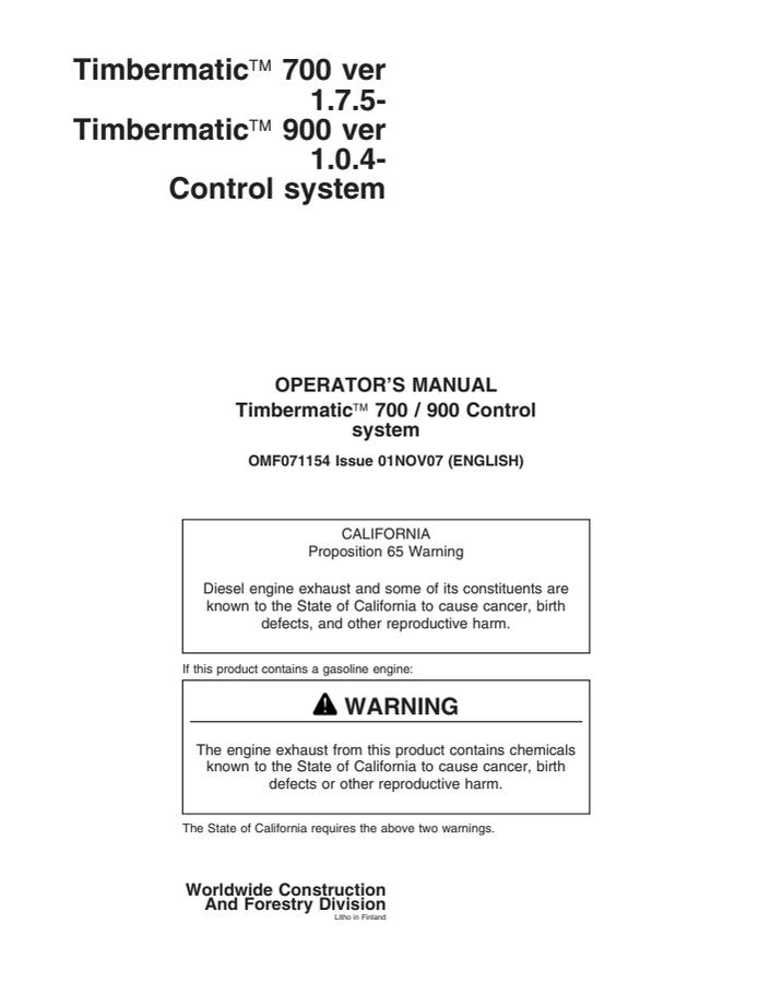 John Deere Timbermatic 700, Timbermatic 900 Forestry machine control system Operator Manual OMF071154 — actual manual cover