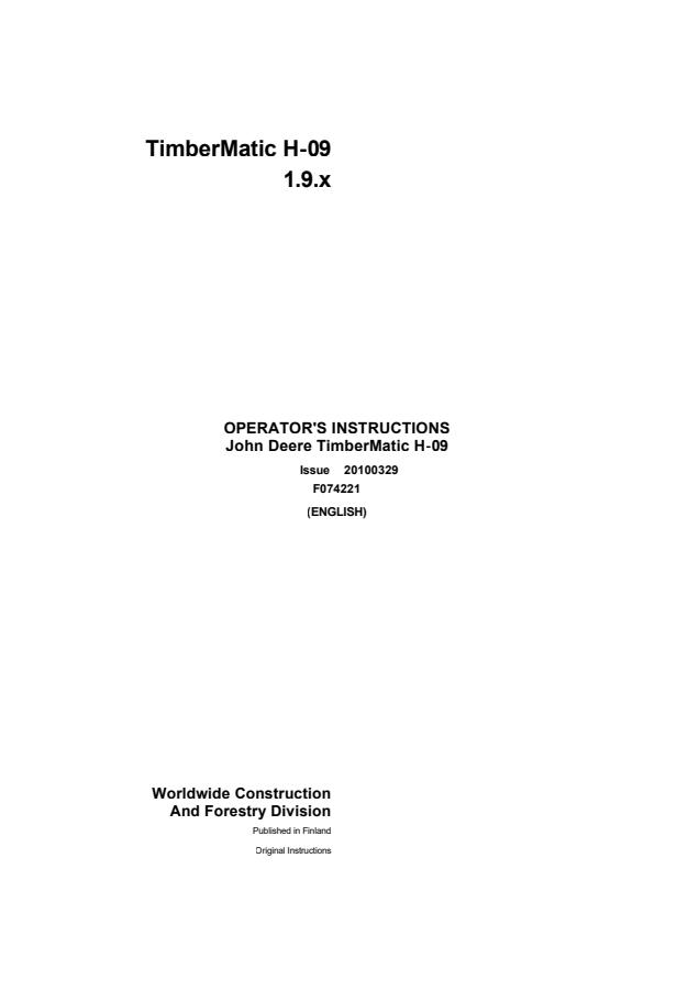 John Deere TimberMatic H-09 Forestry machine control system Operator Instructions F074221 — actual manual cover