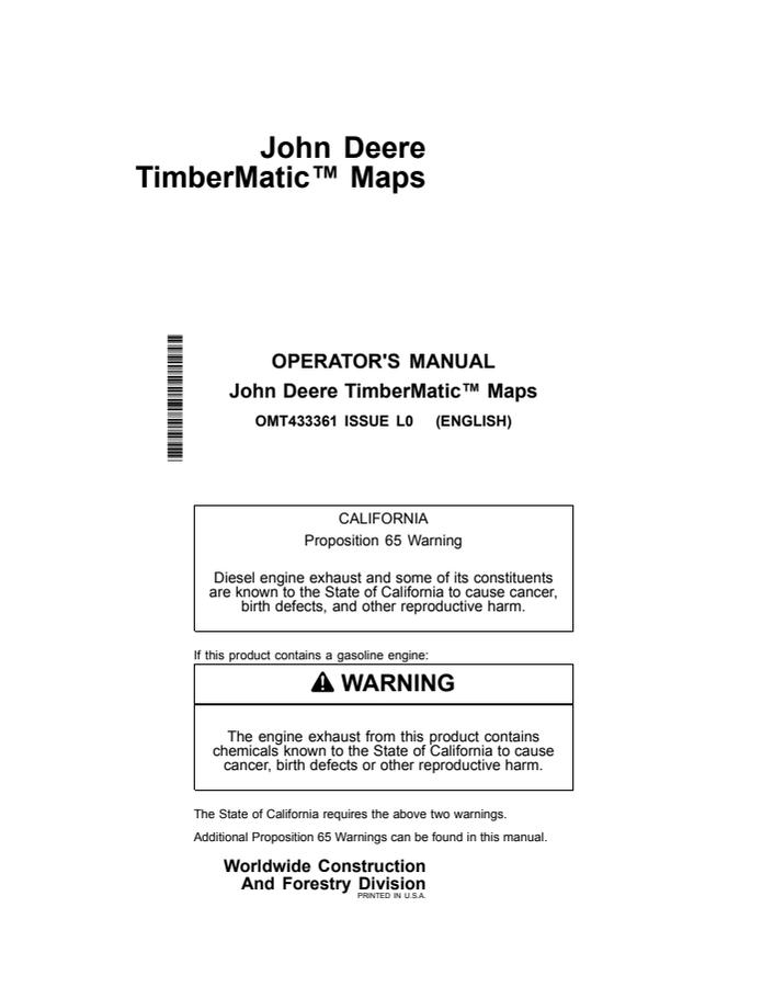 John Deere TimberMatic Maps Forestry machine mapping system Operator Manual OMT433361 — actual manual cover