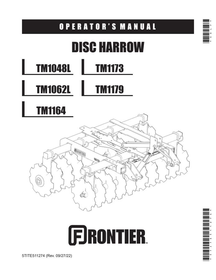 John Deere TM1179; TM1173; TM1164; TM1062L; TM1048L Disc harrow Operator manual 5TITE511274 — actual manual cover