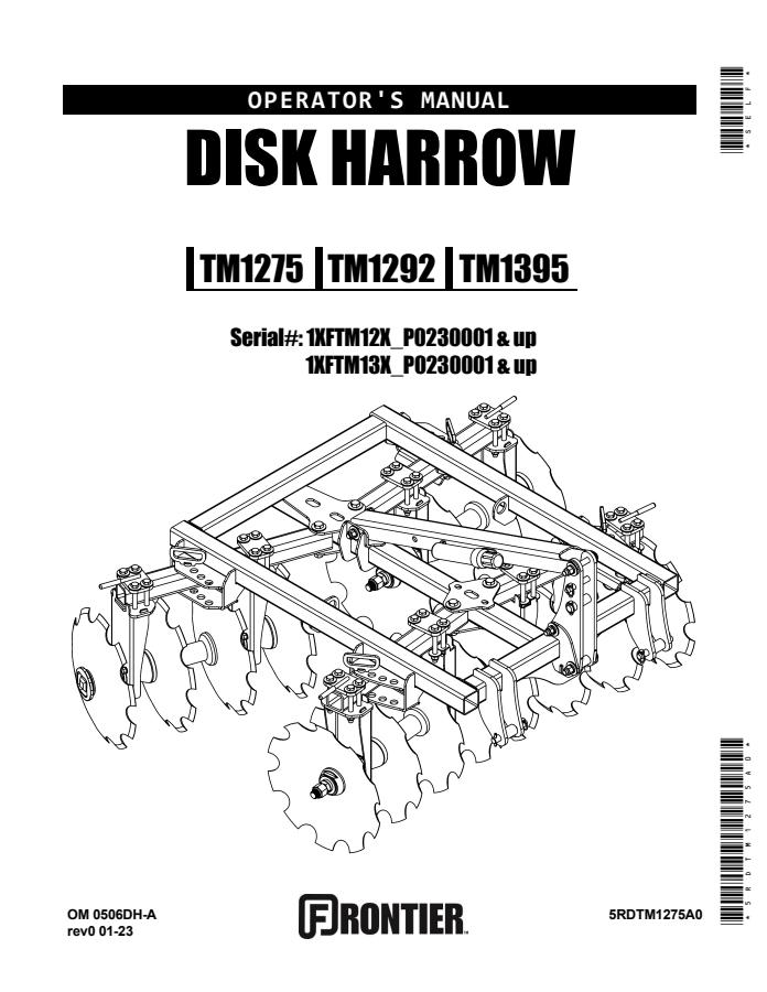 John Deere TM1275; TM1292; TM1395 Disk harrow Operator manual 5RDTM1275A0 — actual manual cover