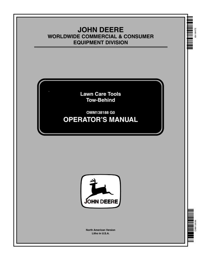 John Deere Tow-Behind Tow-behind lawn care tools Operator Manual OMM138188 — actual manual cover