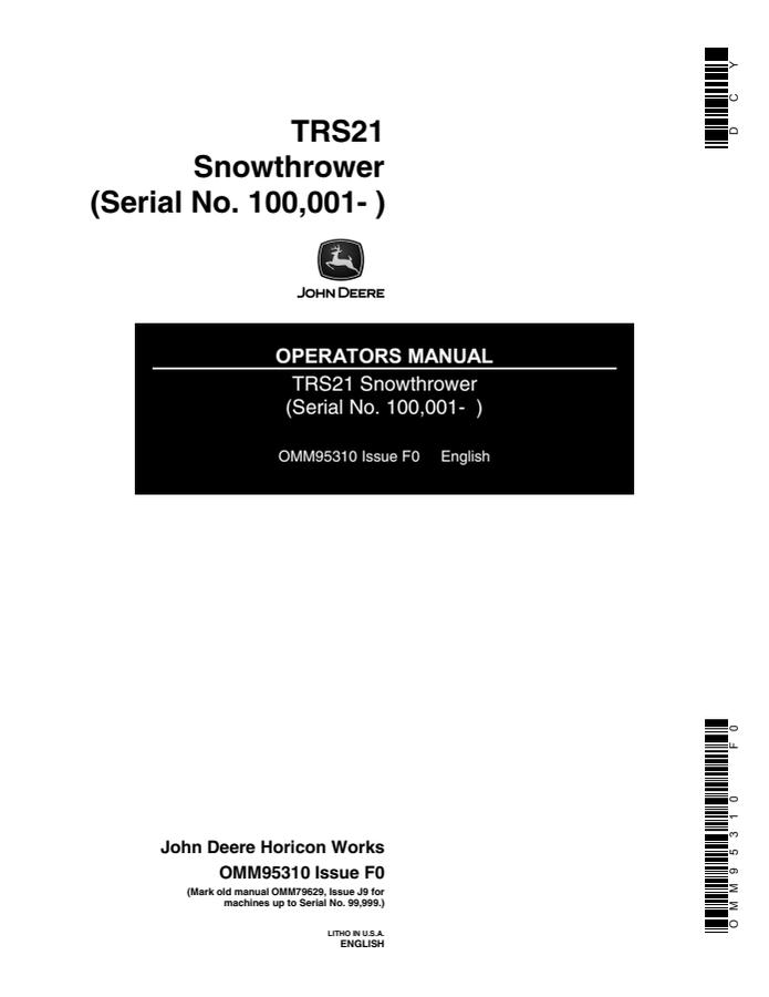 John Deere TRS21 Snowthrower Operator Manual OMM95310 — actual manual cover