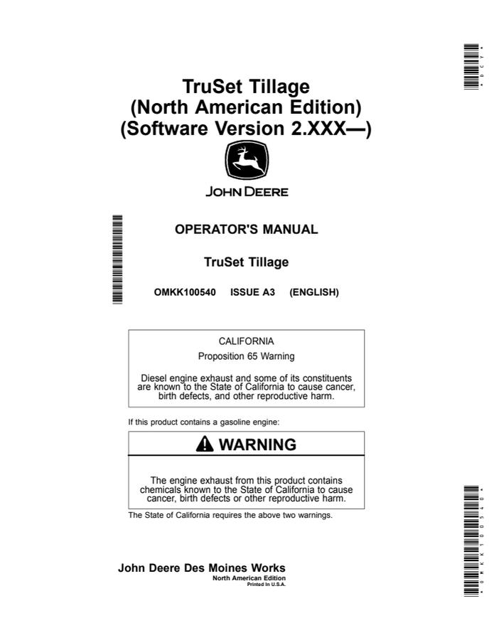 John Deere TruSet Tillage Tillage system Operator's manual OMKK100540 — actual manual cover