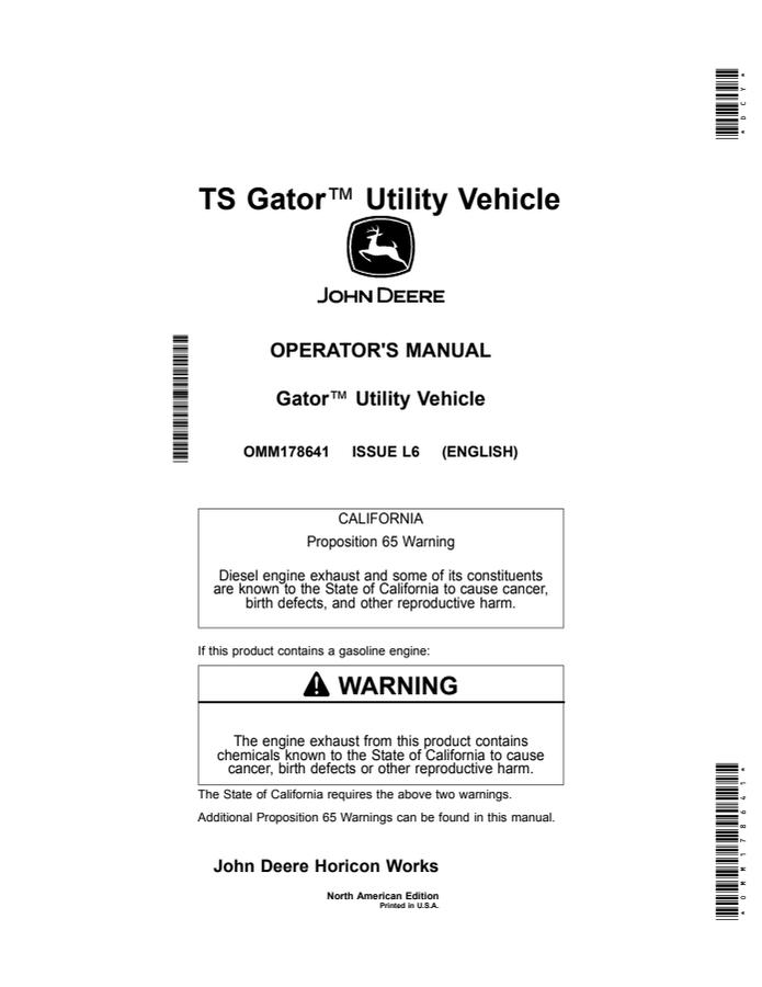 John Deere TS Gator Utility vehicle Operator Manual OMM178641 — actual manual cover